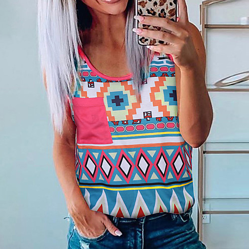 

Women's Holiday Tank Top Vest Color Block Geometric Pocket Print Round Neck Basic Streetwear Boho Tops Blue