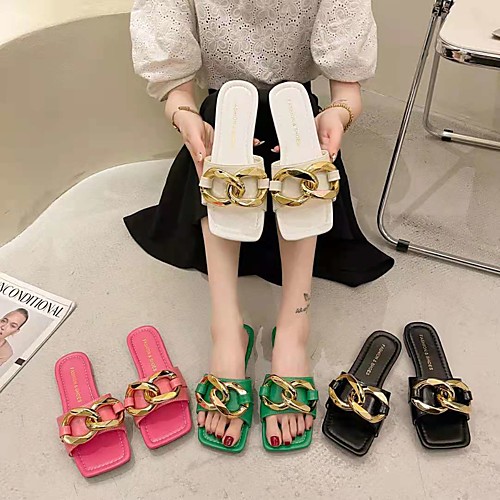 

Women's Sandals Flat Heel Square Toe Daily PU Sequin Flower Solid Colored Green White Black