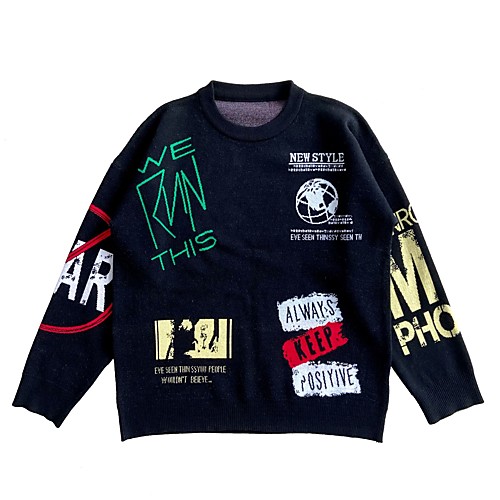 

Men's Unisex Stylish Vintage Style Gothic Knitted Letter Pullover Sweater Long Sleeve Sweater Cardigans Crew Neck Fall Winter Black