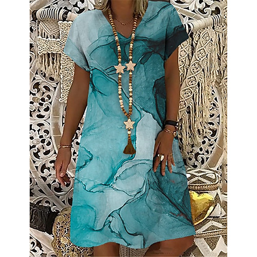 

Women's T Shirt Dress Tee Dress Knee Length Dress Blue Short Sleeve Print Color Gradient Print Spring Summer V Neck Casual Holiday 2021 S M L XL XXL 3XL