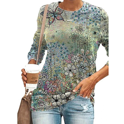

Women's Floral Theme Butterfly Painting T shirt Floral Graphic Butterfly Long Sleeve Print V Neck Basic Tops Green