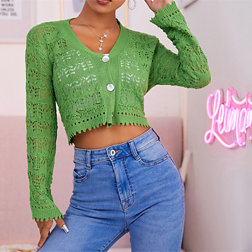 

Women's Sexy Hole Solid Color Cardigan Sweater Long Sleeve Sweater Cardigans V Neck Fall Spring Summer Blue Yellow Green