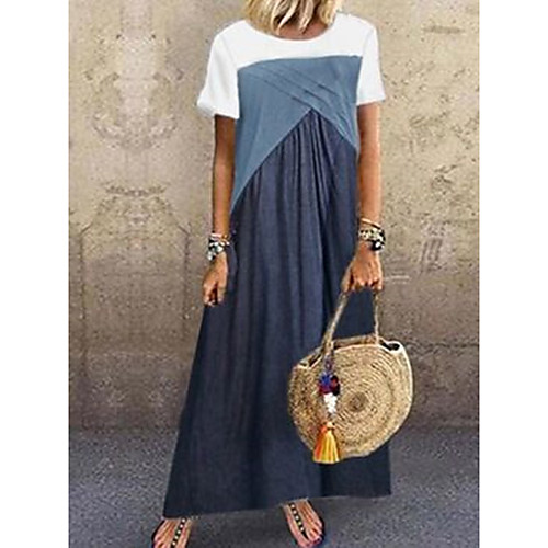 

Women's Swing Dress Maxi long Dress Navy Blue Short Sleeve Color Block Fall Summer Casual 2021 S M L XL XXL