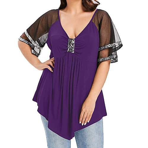 

Women's Plus Size Tops T shirt Solid Color Ruffle Lace Short Sleeve Deep V Casual Blue Purple Red Wine Big Size XL XXL 3XL 4XL 5XL