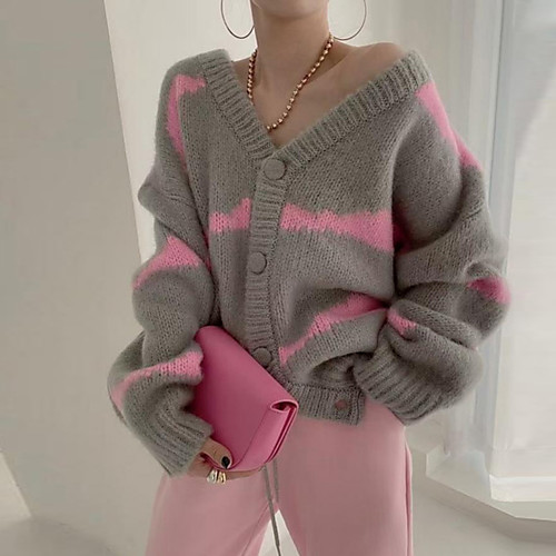 

Women's Stylish Knitted Striped Cardigan Sweater Long Sleeve Sweater Cardigans V Neck Fall Spring Blue Blushing Pink Green