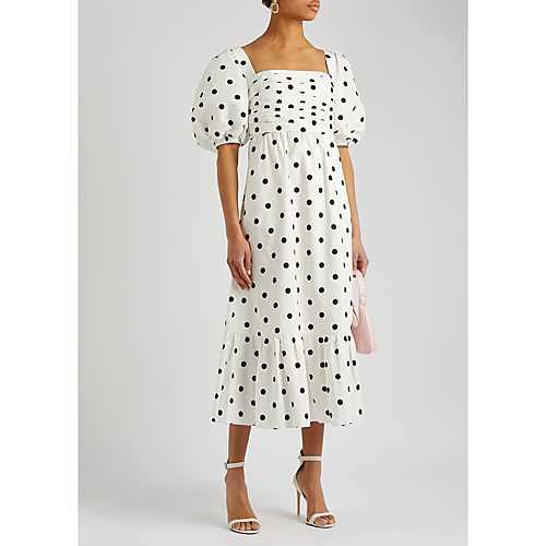 

Women's Swing Dress Midi Dress White Short Sleeve Polka Dot Backless Polka Dots Ruched Spring Summer Square Neck Elegant Party Holiday Puff Balloon Sleeve Slim 2021 XS S M L / Silk