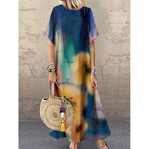 

Women's Loose Midi Dress Blue Red 3/4 Length Sleeve Multi Color Spring Summer U Neck 2021 M L XL 2XL 3XL 4XL