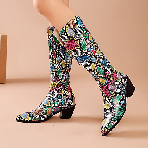 

Women's Boots Cuban Heel Pointed Toe Knee High Boots PU Snake Almond Green / Blue White