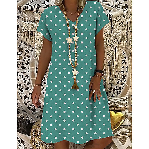 

Women's T Shirt Dress Tee Dress Knee Length Dress Blue Short Sleeve Polka Dot Print Summer V Neck Casual Holiday 2021 S M L XL XXL 3XL