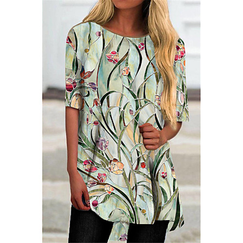 

Women's T Shirt Dress Tee Dress Short Mini Dress Green Half Sleeve Floral Print Print Fall Summer Round Neck Casual 2021 S M L XL XXL 3XL