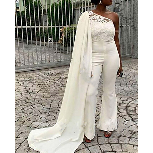 

Jumpsuits Wedding Dresses One Shoulder Sweep / Brush Train Lace Stretch Fabric Sleeveless Romantic Modern with Lace Appliques 2021