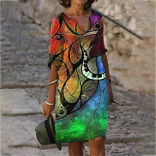

Women's A Line Dress Knee Length Dress Yellow Red Dark Blue 3/4 Length Sleeve Print Abstract Print Summer V Neck Casual 2021 S M L XL XXL 3XL 4XL 5XL