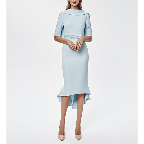 

Sheath / Column Mother of the Bride Dress Elegant Jewel Neck Asymmetrical Knee Length Stretch Fabric Half Sleeve with Ruching 2021