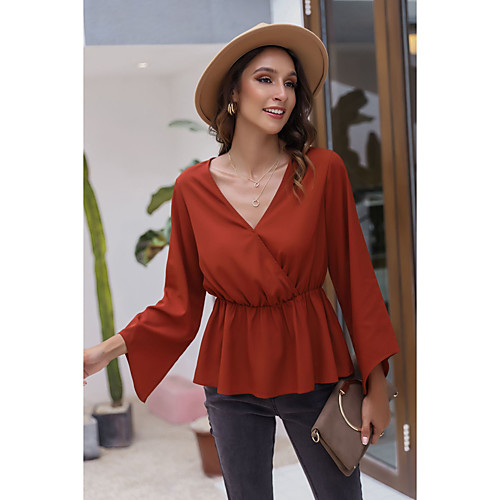 

Women's Blouse Shirt Plain Long Sleeve V Neck Basic Streetwear Tops Orange