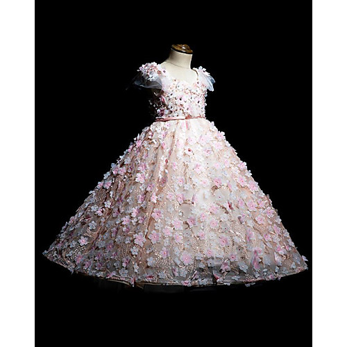 

Princess Floor Length Flower Girl Dresses Party Tulle Short Sleeve Jewel Neck with Bow(s)