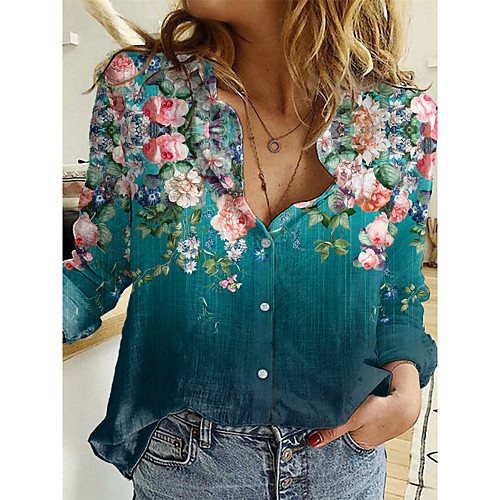 

Women's Floral Theme Geometric Blouse Shirt Floral Graphic Geometric Long Sleeve Button Print Shirt Collar Basic Streetwear Tops Blue Green Red