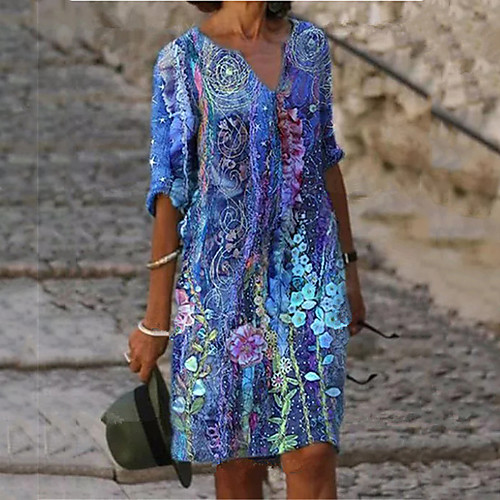 

Women's A Line Dress Knee Length Dress Blue Yellow Green Half Sleeve Floral Print Spring Summer V Neck Casual Holiday 2021 S M L XL XXL 3XL 4XL 5XL