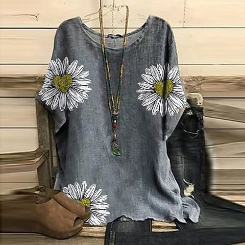 

Women's Blouse Daisy Patchwork Print Round Neck Tops Gray