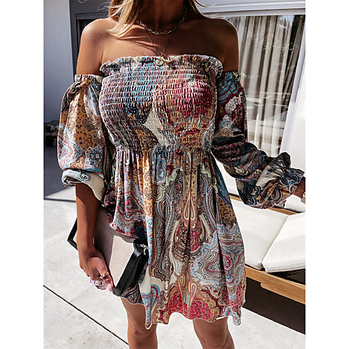 

Women's Swing Dress Short Mini Dress White Red Short Sleeve Graphic Geometic Ruched Spring Summer Off Shoulder Ethnic Style Sexy 2021 S M L