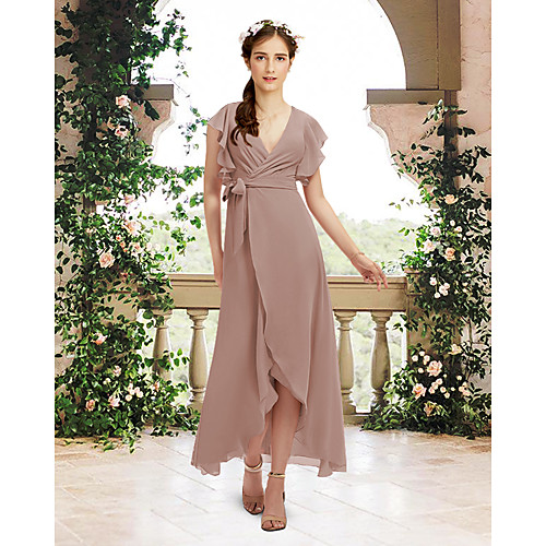 

A-Line V Neck Asymmetrical / Ankle Length Chiffon Bridesmaid Dress with Sash / Ribbon / Ruffles