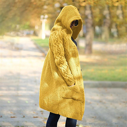 

Women's Pocket Knitted Hooded Solid Color Sweater Long Sleeve Sweater Cardigans Hooded Fall Winter Blue Yellow Wine