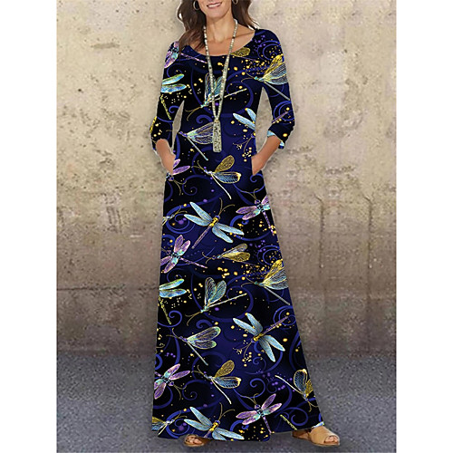 

Women's Shift Dress Maxi long Dress Black 3/4 Length Sleeve Print Animal Print Spring Summer Round Neck Casual Holiday 2021 S M L XL XXL 3XL