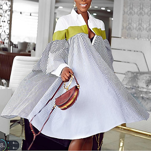 

Women's Shirt Dress Knee Length Dress Black and white stripes Blue and white stripes 3/4 Length Sleeve Stripes Ruffle Spring Summer Collar Casual 2021 S M L XL XXL XXXL