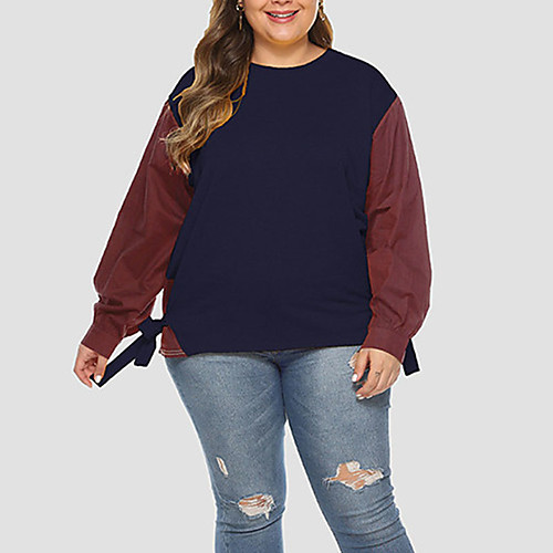 

Women's Plus Size Tops Pullover Sweatshirt Color Block Patchwork Long Sleeve Crewneck Basic Fall Winter Yellow Navy Blue Big Size L XL XXL 3XL 4XL