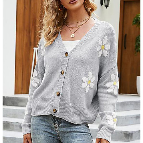 

Women's Solid Color Cardigan Long Sleeve Sweater Cardigans V Neck Blushing Pink Gray Camel