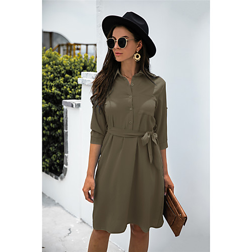 

Women's A Line Dress Short Mini Dress ArmyGreen Blue Black Dark Blue Long Sleeve Solid Color Modern Style Fall Spring Shirt Collar Casual 2021 S M L XL