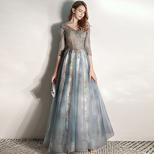

A-Line Elegant Floral Engagement Prom Dress V Neck Half Sleeve Floor Length Tulle with Pleats Pattern / Print Appliques 2021