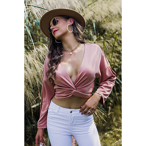 

Women's Crop Top Blouse Shirt Plain Long Sleeve Knotted V Neck Basic Streetwear Tops Blushing Pink