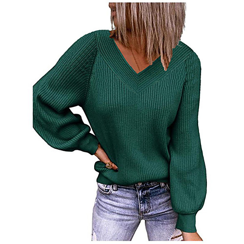 

Women's Casual Pure Color Solid Color Pullover Sweater Long Sleeve Sweater Cardigans V Neck Fall Spring Grey Green Black