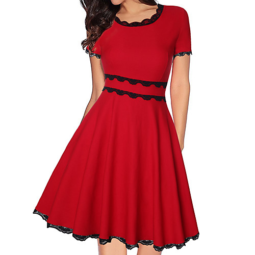 

Women's A Line Dress Knee Length Dress Red Short Sleeve Solid Color Lace Fall Summer Round Neck Elegant 2021 S M L XL XXL