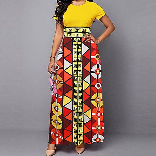 

Women's Shift Dress Midi Dress Yellow Short Sleeve Print Print Fall Summer Round Neck Elegant 2021 S M L XL XXL