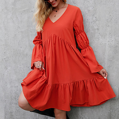 

Women's Swing Dress Knee Length Dress Blue Dark Green Orange Navy Blue Long Sleeve Solid Color Summer V Neck Casual 2021 M L XL XXL 3XL / Cotton