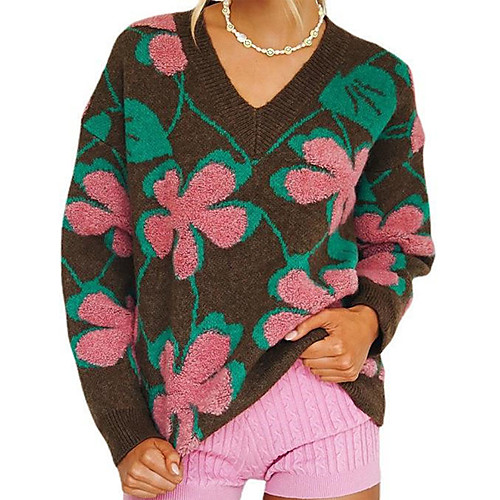 

Women's Stylish Knitted Floral Pullover Sweater Cotton Long Sleeve Sweater Cardigans V Neck Fall Winter Yellow Blushing Pink Orange
