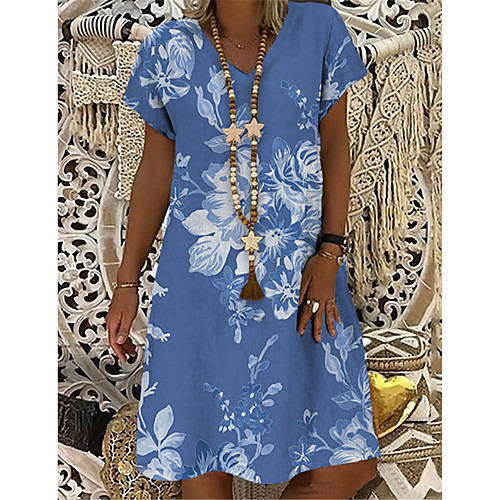 

Women's T Shirt Dress Tee Dress Knee Length Dress Blue Short Sleeve Floral Print Print Summer V Neck Casual Holiday 2021 S M L XL XXL 3XL