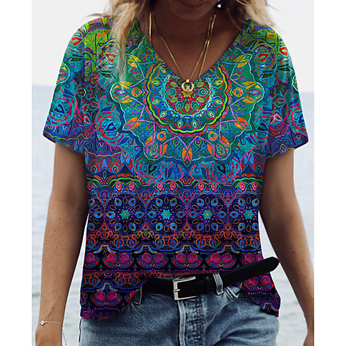 

Women's Abstract Painting T shirt Graphic Print V Neck Basic Tops Green