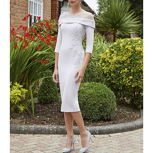 

Sheath / Column Mother of the Bride Dress Elegant Off Shoulder Knee Length Italy Satin Half Sleeve with Beading Appliques 2021