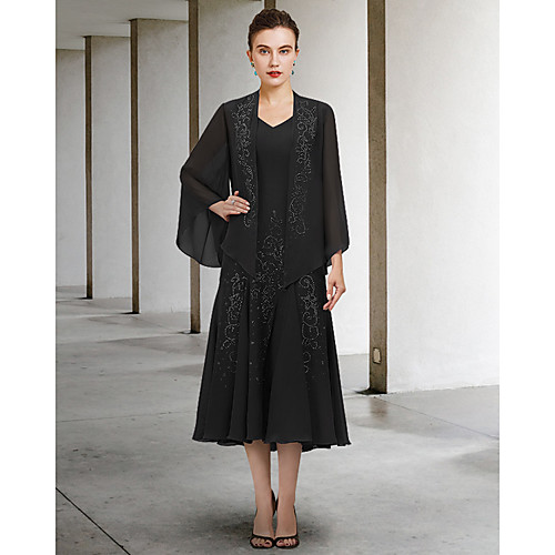 

Two Piece A-Line Mother of the Bride Dress Elegant V Neck Tea Length Chiffon Long Sleeve with Beading 2021