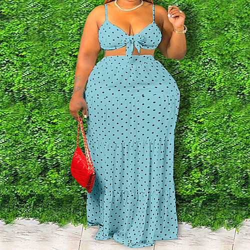 

Women's Plus Size Dress Two Piece Dress Sleeveless Dot Bowknot Strap Casual Spring Summer Light Blue The four-meter skirt is a great weapon White XL XXL 3XL 4XL 5XL