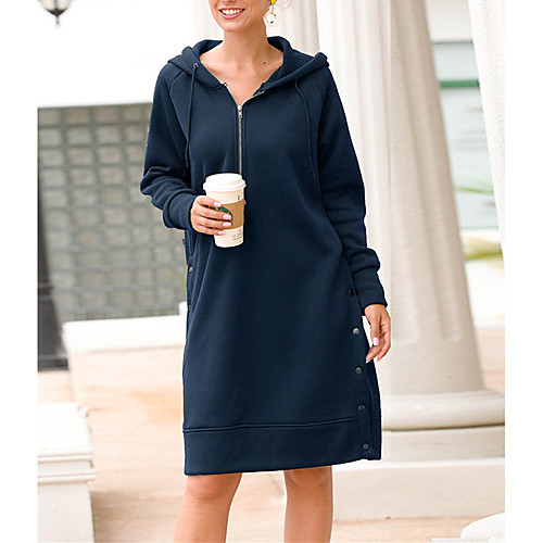 

Women's Shift Dress Knee Length Dress Navy Red Long Sleeve Solid Color Spring Summer Casual Hoodie Loose 2021 S M L XL XXL 3XL