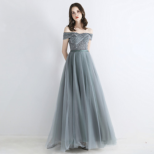 

A-Line Luxurious Sparkle Engagement Prom Dress Off Shoulder Short Sleeve Floor Length Tulle with Sash / Ribbon Beading 2021