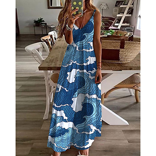 

Women's A Line Dress Maxi long Dress Blue Sleeveless Print Print Summer V Neck Casual 2021 S M L XL XXL 3XL