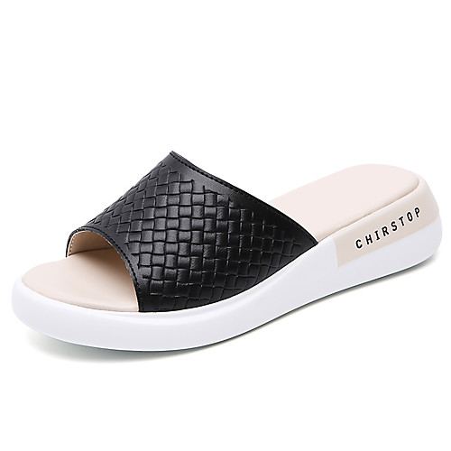 

Women's Slippers & Flip-Flops Flat Heel Open Toe Daily Home Leather Solid Colored White Black