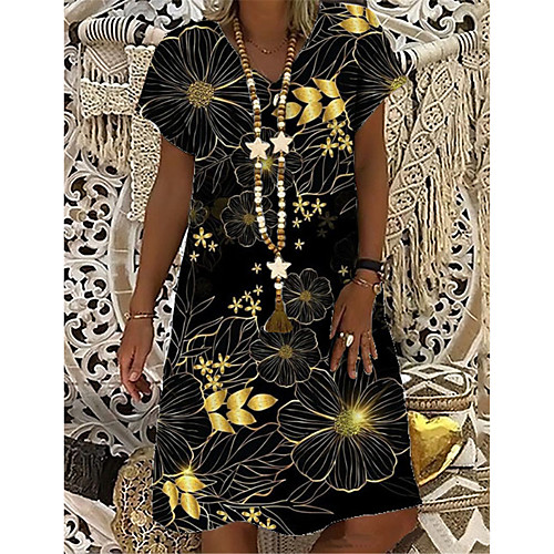 

Women's T Shirt Dress Tee Dress Knee Length Dress Black Short Sleeve Floral Print Summer V Neck Casual 2021 S M L XL XXL 3XL