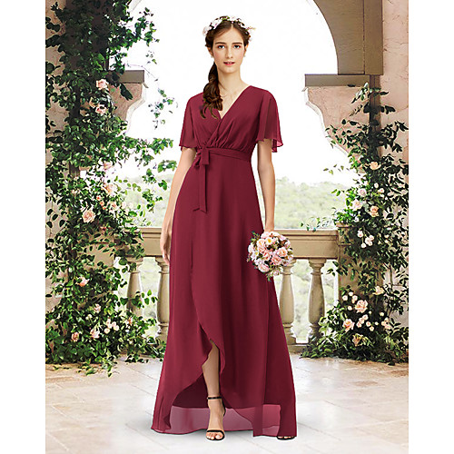 

A-Line V Neck Asymmetrical / Floor Length Chiffon Bridesmaid Dress with Pleats