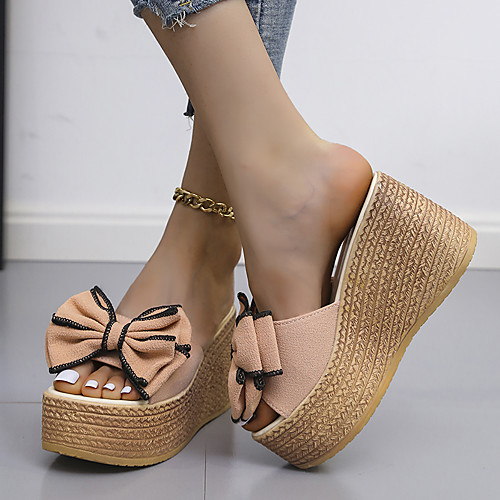 

Women's Sandals Wedge Heel Round Toe Daily PU Bowknot Solid Colored Pink Green Black