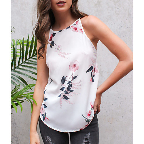 

Women's Tank Top Vest Flower Print Round Neck Basic Streetwear Tops White